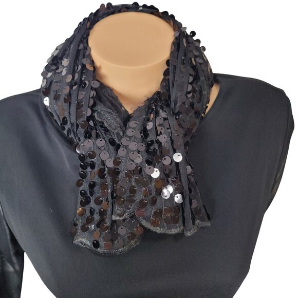 Black Sequin Scarf With Sheer Fabric Lightweight Elegant Design 21" Wide x 35.5" - Picture 6 of 16